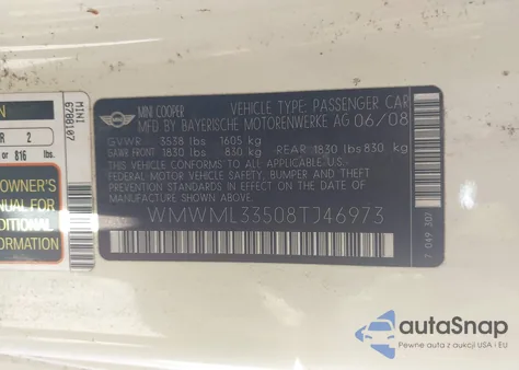 2008 Mini Cooper Clubman из США, поврежденный, VIN WMWML33508TJ46973